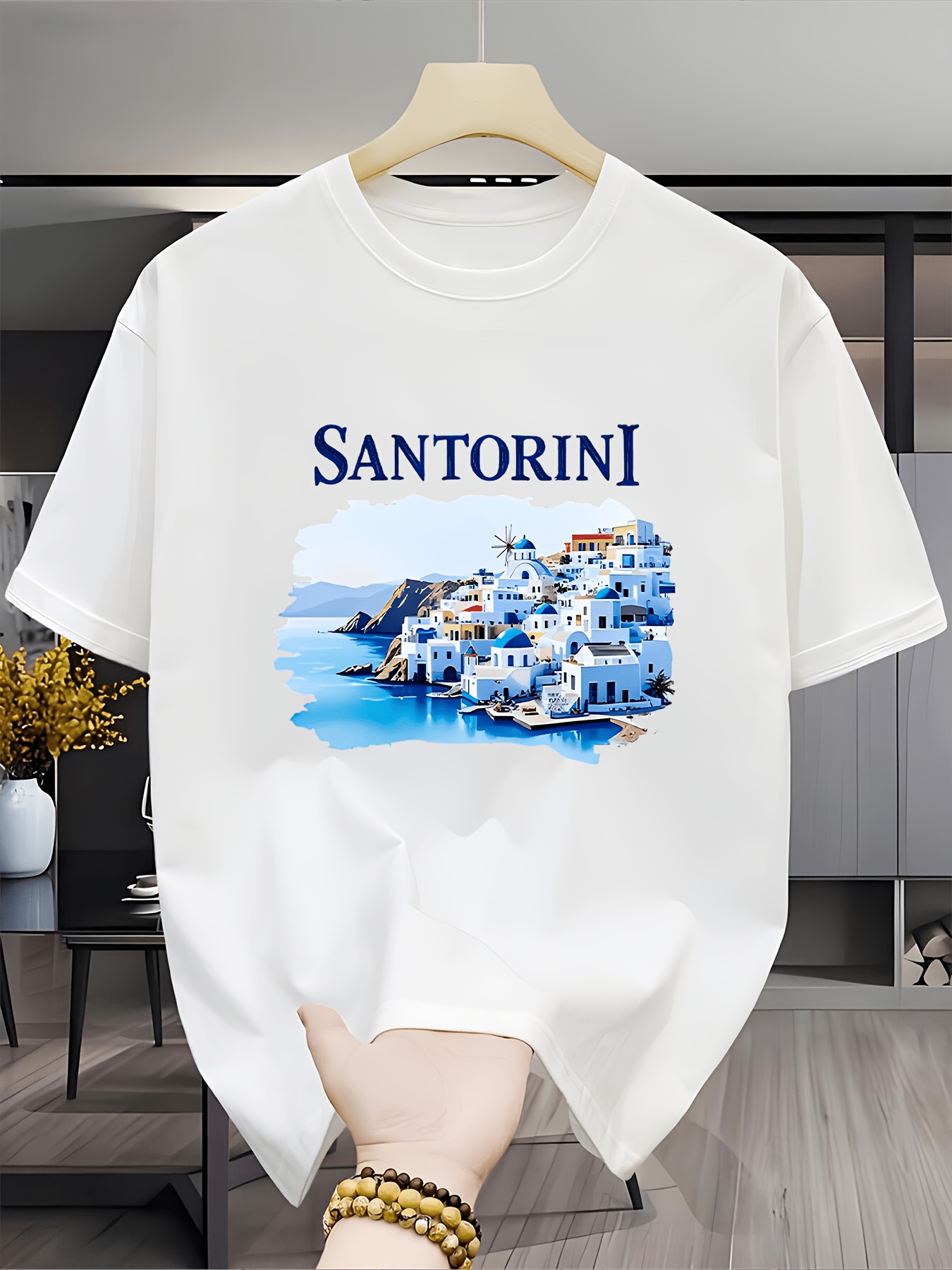 Men'S Fashion Greece - Camiseta vintage com paisagem de Santorini,